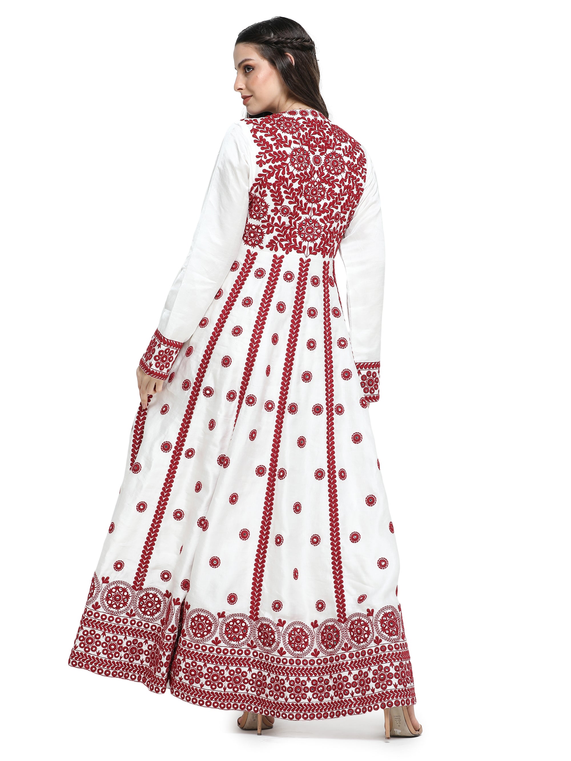 White with red mirrorwork embroidery anarkali maxi