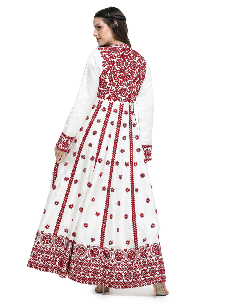 White with red mirrorwork embroidery anarkali maxi