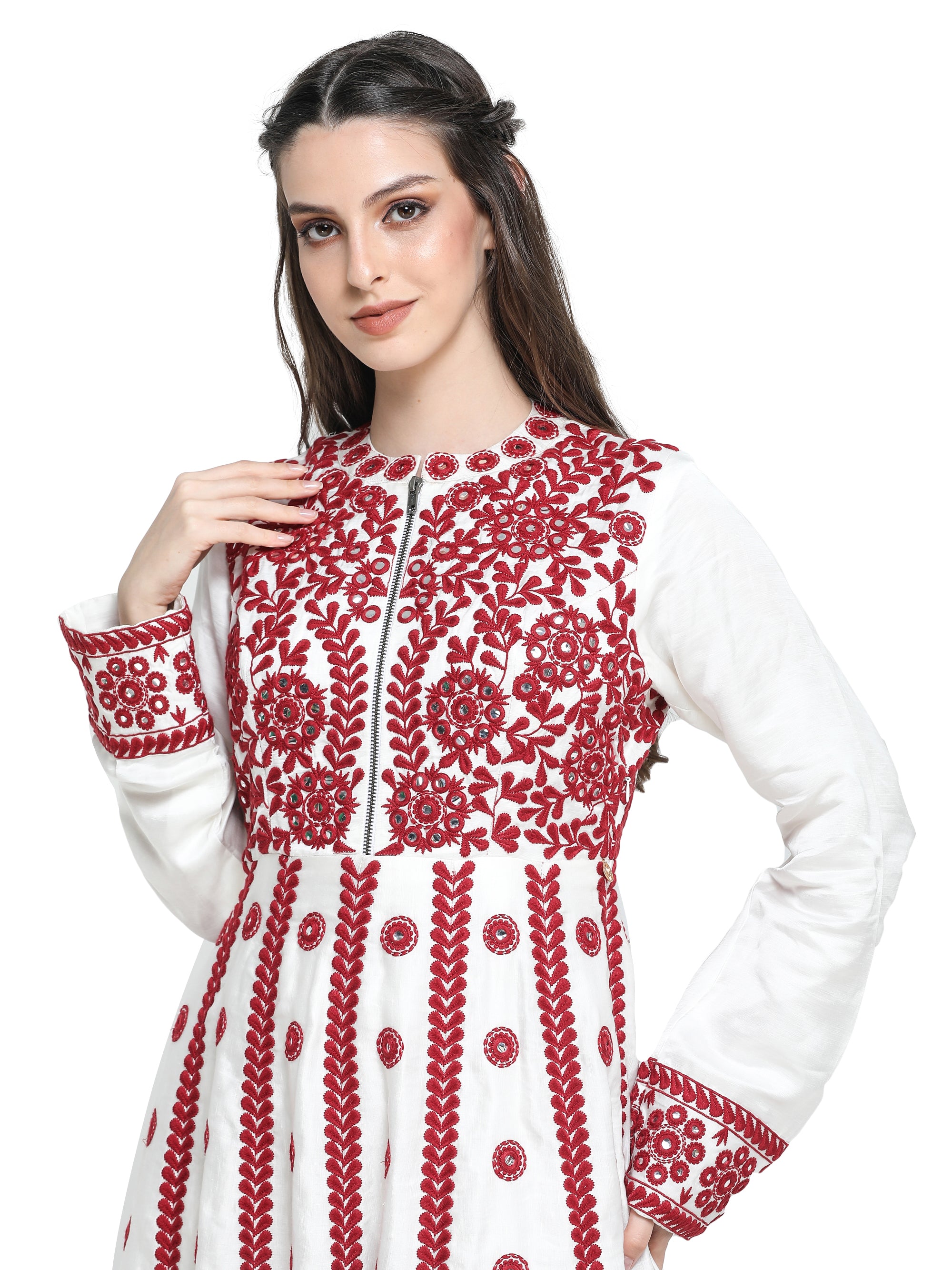 White with red mirrorwork embroidery anarkali maxi