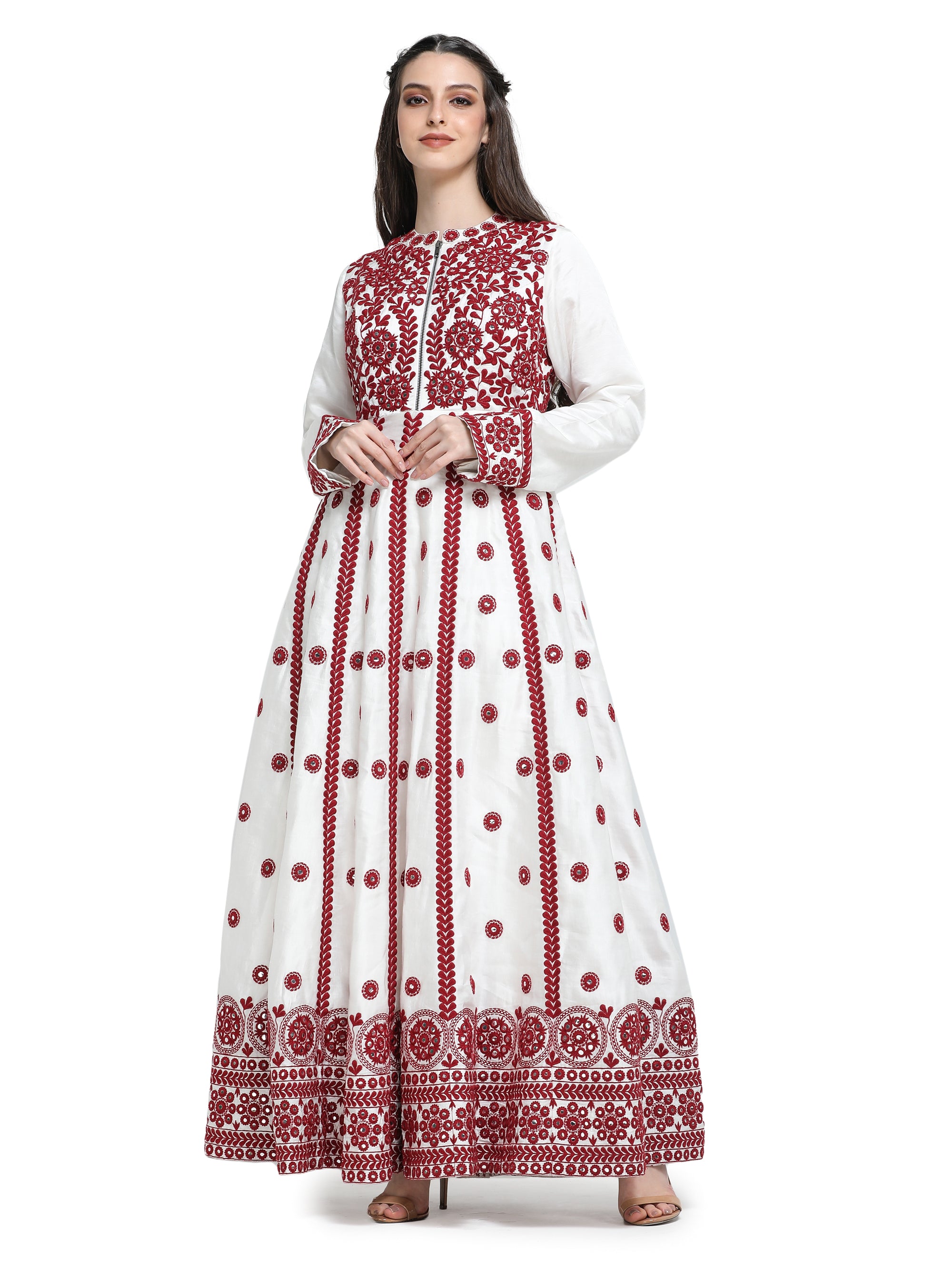 White with red mirrorwork embroidery anarkali maxi