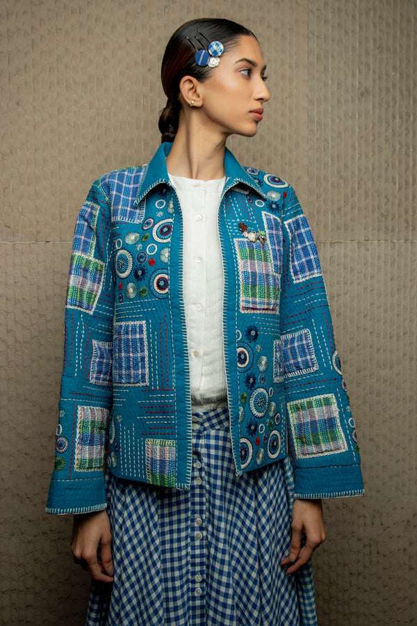 Blue handloom embroidered jacket