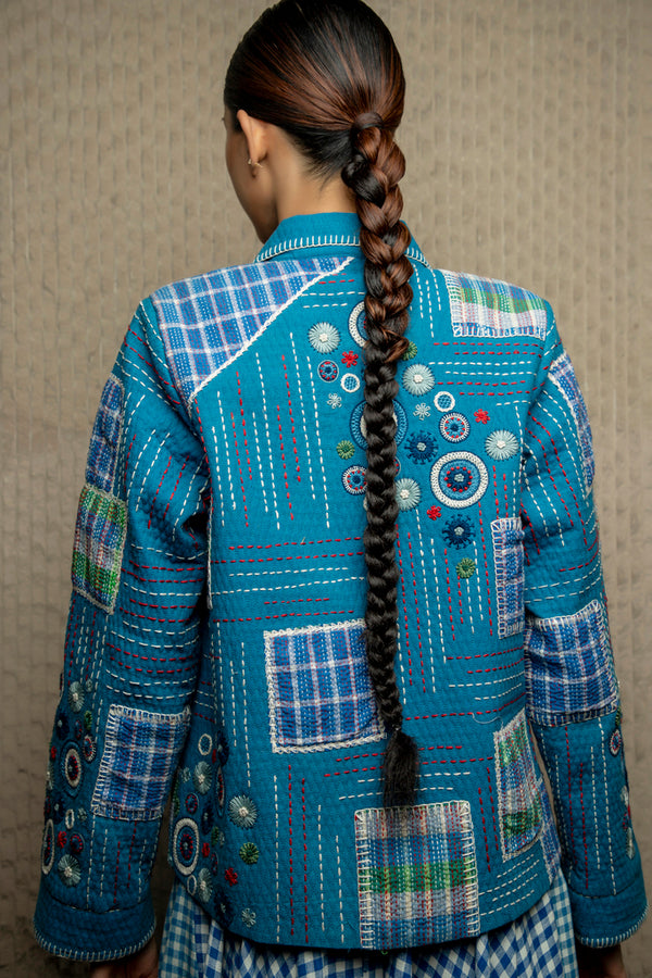 Blue handloom embroidered jacket