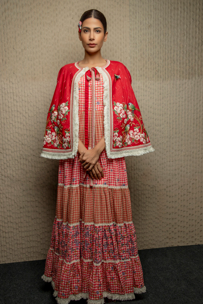 Red jamdani embroidered cape