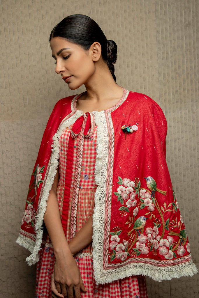 Red jamdani embroidered cape