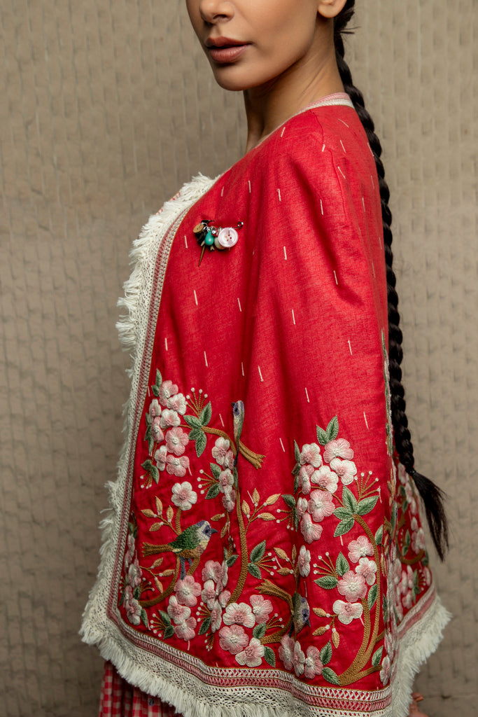 Red jamdani embroidered cape