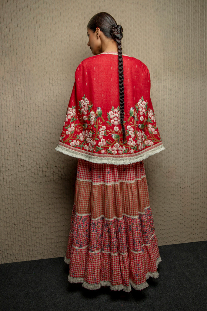 Red jamdani embroidered cape