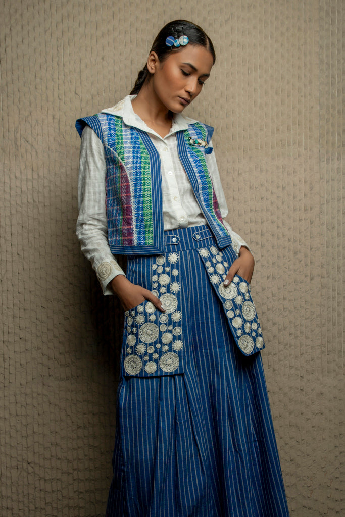 Blue cotton kantha embroidered waistcoat
