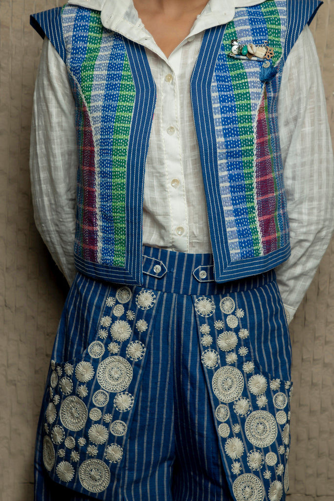 Blue cotton kantha embroidered waistcoat