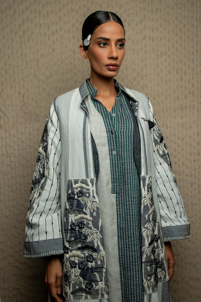 Grey monochrome jamdani long jacket with embroidery
