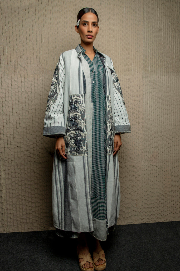 Grey monochrome jamdani long jacket with embroidery