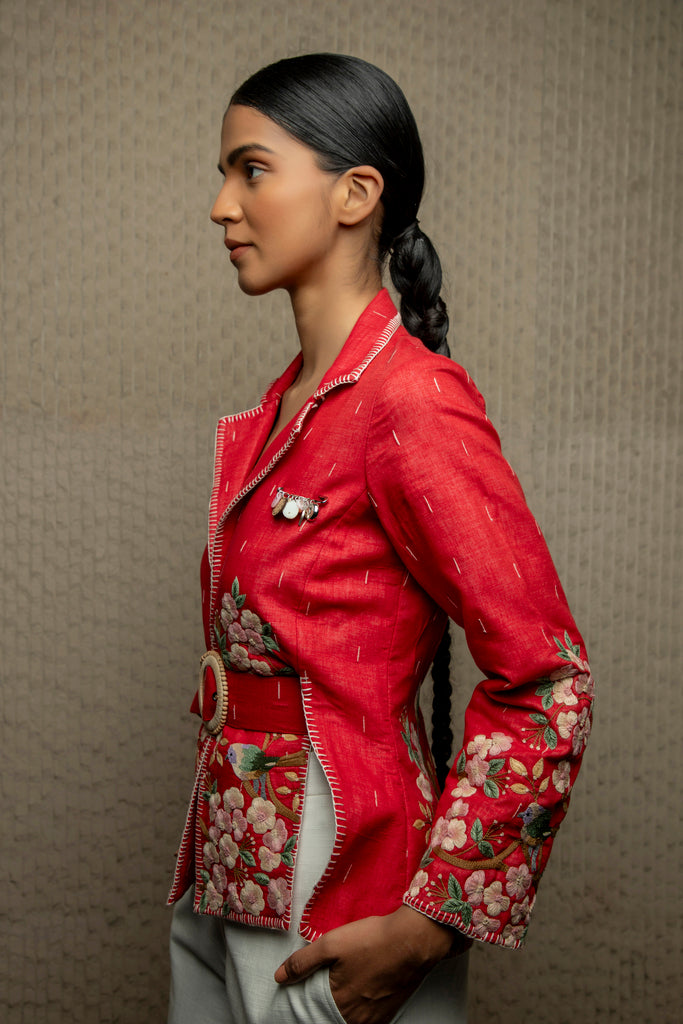 Red cotton jamdani embroidered shacket with belt