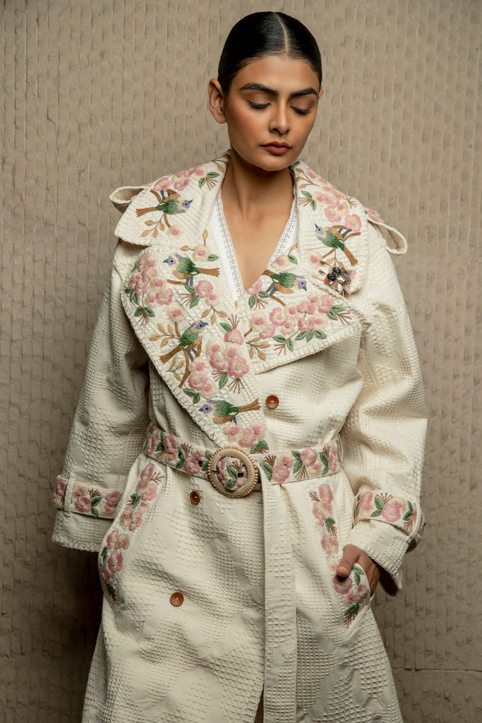 Ivory textured embroidered trench coat