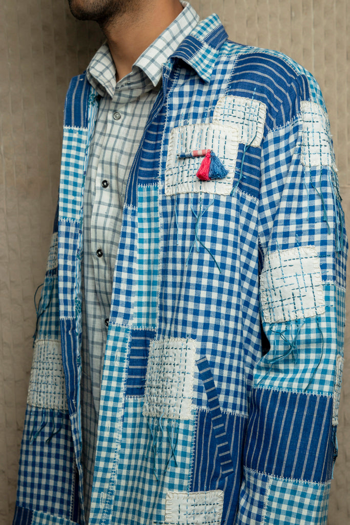 Blue and white cotton check embroidered shacket