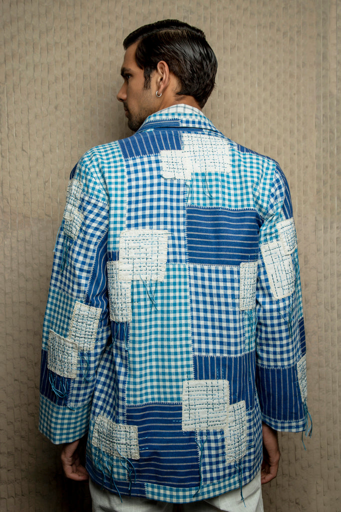 Blue and white cotton check embroidered shacket