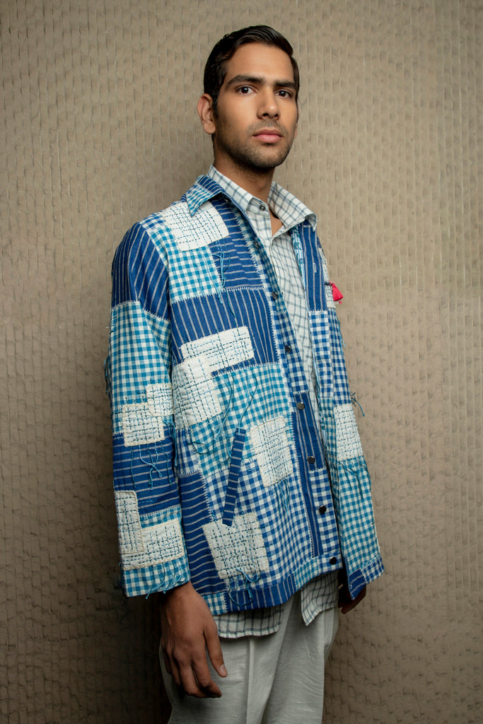 Blue and white cotton check embroidered shacket