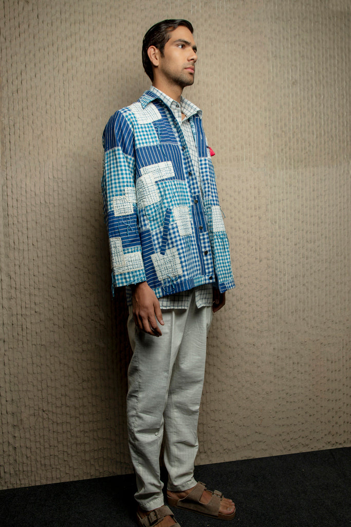 Blue and white cotton check embroidered shacket