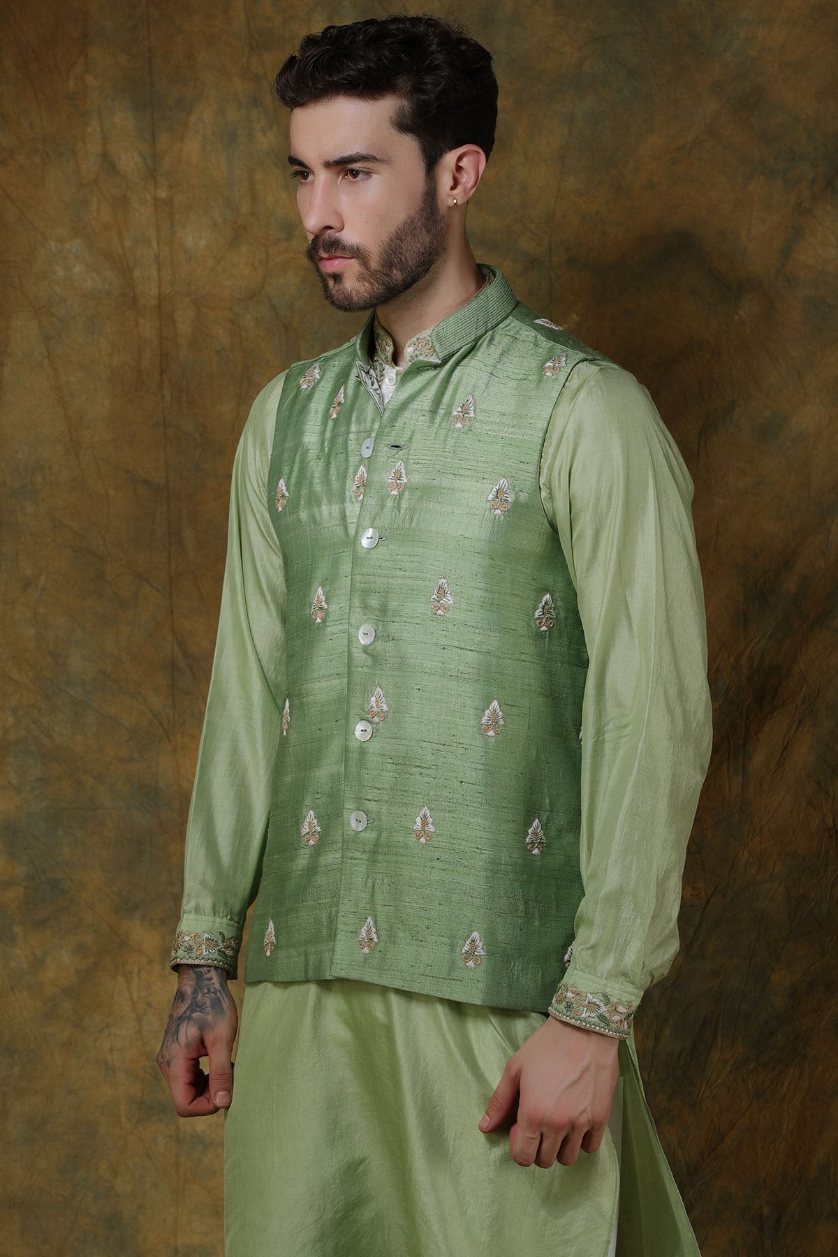 Mint Green Silk Buta Embroidered Bundi