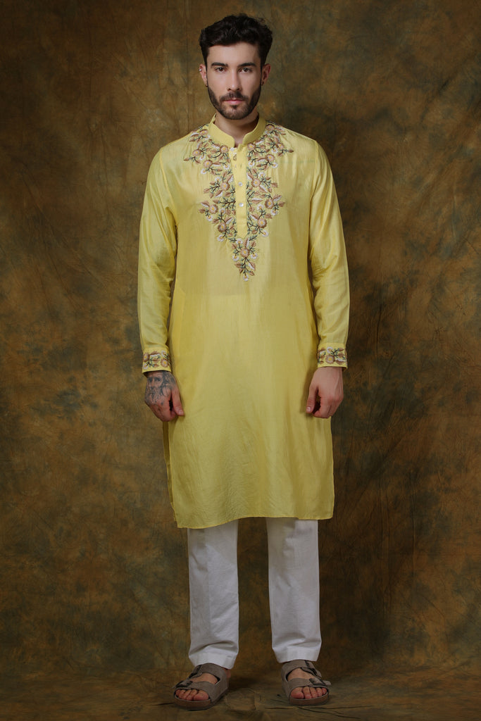 Yellow silk embroidered kurta with pants