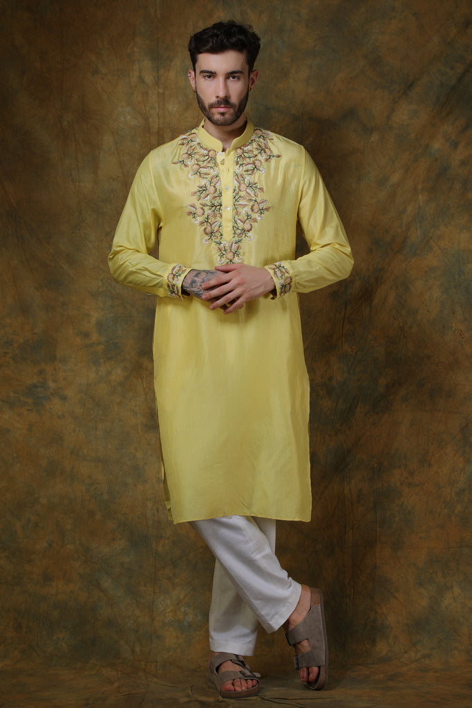 Yellow silk embroidered kurta with pants