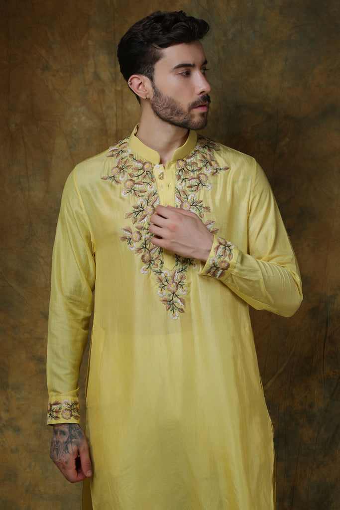 Yellow silk embroidered kurta with pants