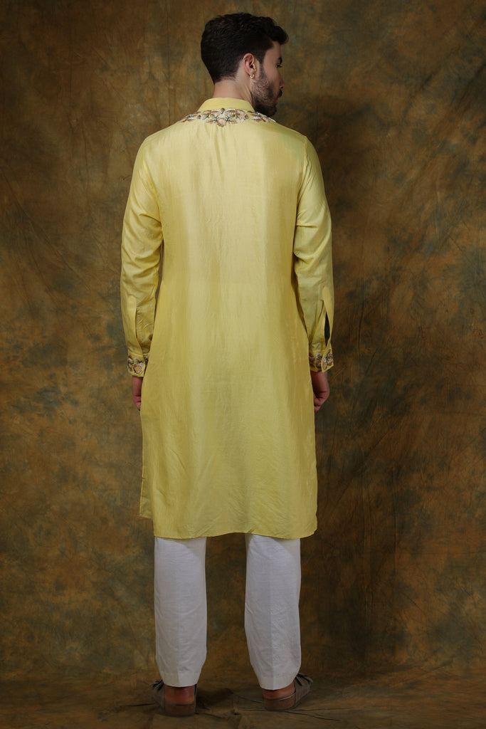 Yellow silk embroidered kurta with pants