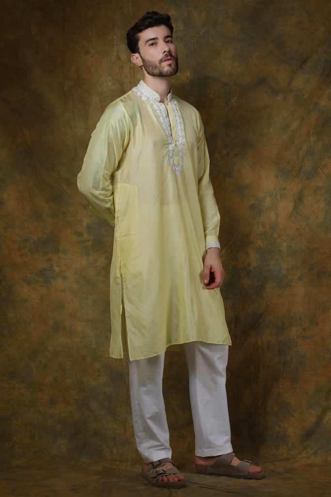 Yellow silk mirror work men's kurta with pants