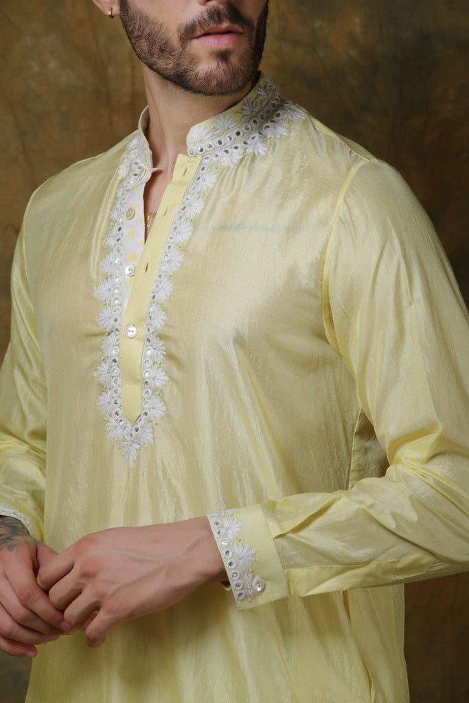 Yellow silk mirror work men's kurta with pants