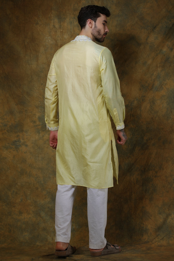 Yellow silk mirror work men's kurta with pants