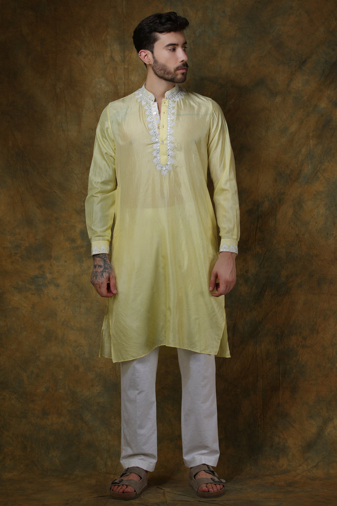 Yellow silk mirror work men's kurta with pants