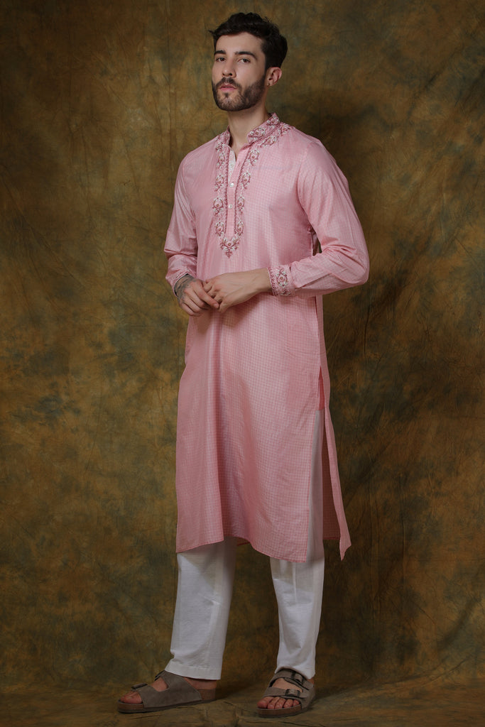 Pink silk men's check printed and embroidered kurta with pants