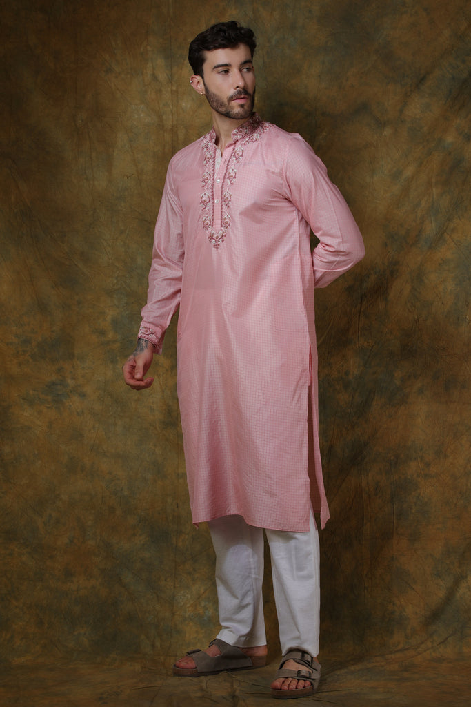 Pink silk men's check printed and embroidered kurta with pants