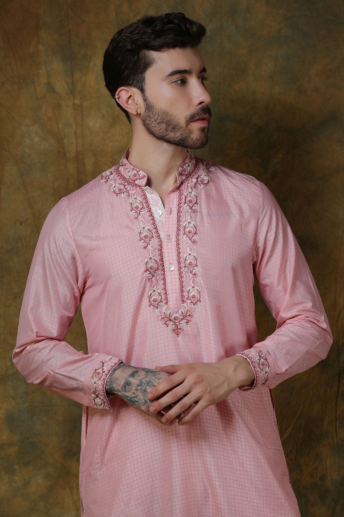 Pink Silk Check Printed Kurta