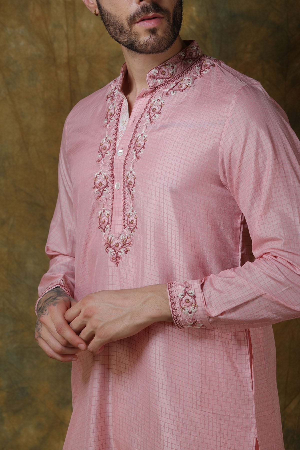 Pink Silk Check Printed Kurta