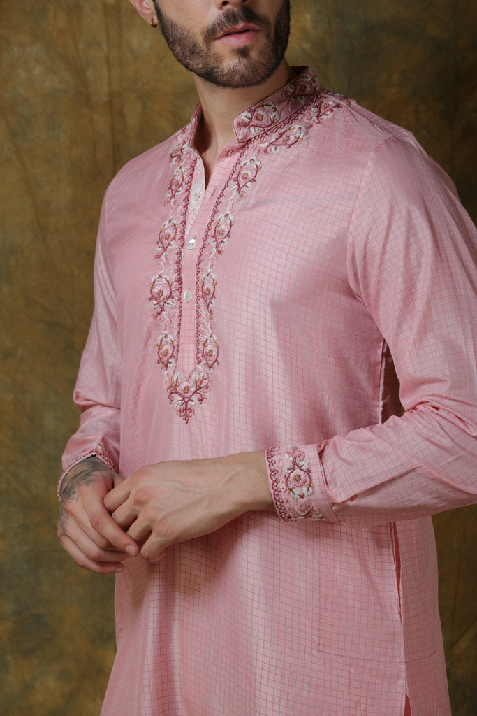 Pink silk men's check printed and embroidered kurta with pants