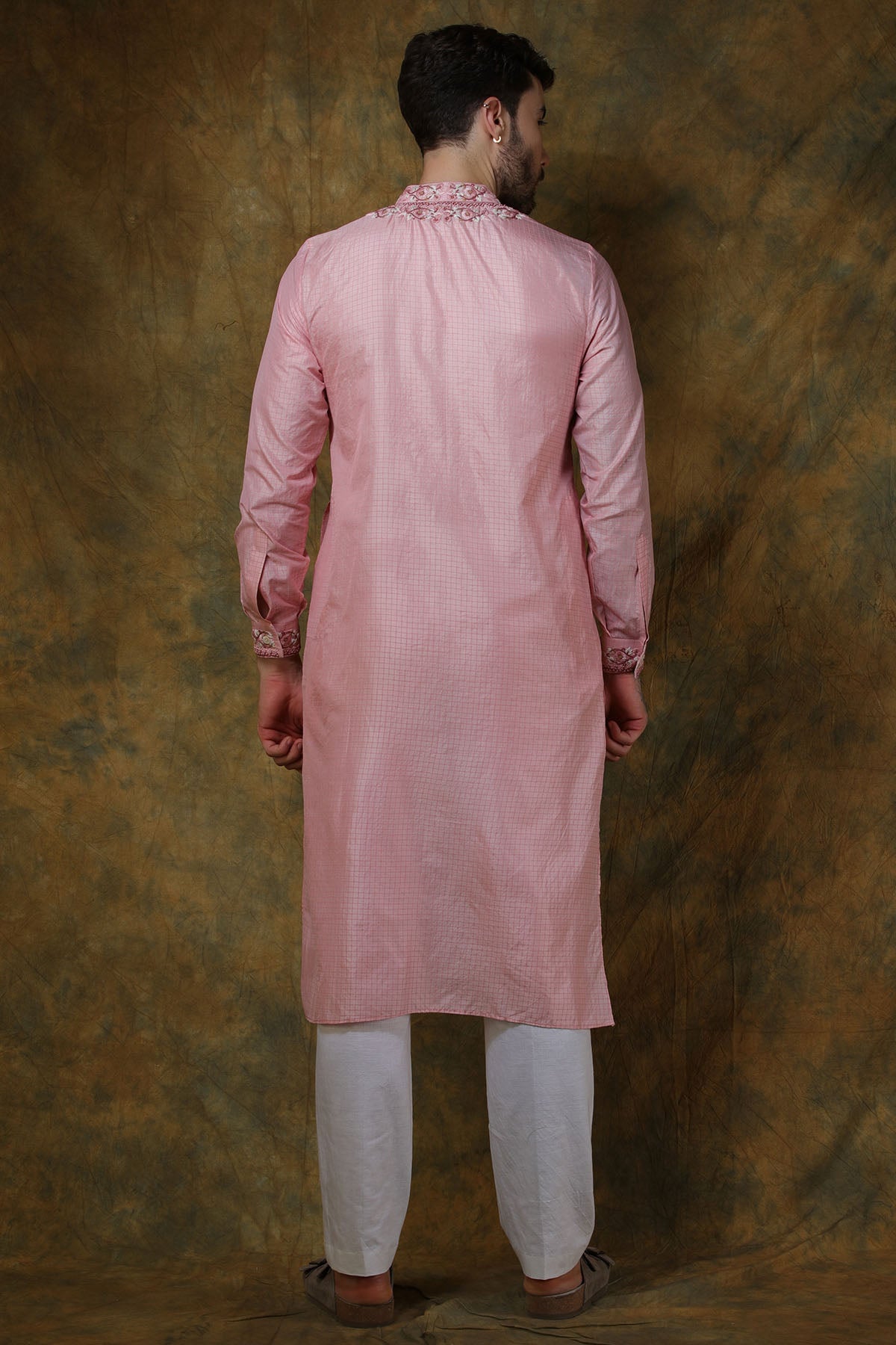 Pink Silk Check Printed Kurta