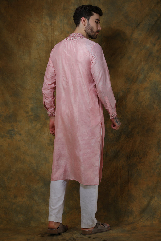 Pink silk men's check printed and embroidered kurta with pants