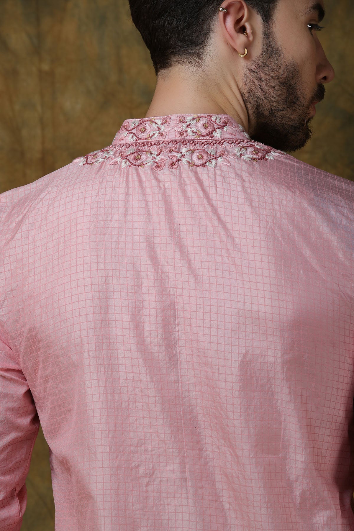 Pink Silk Check Printed Kurta