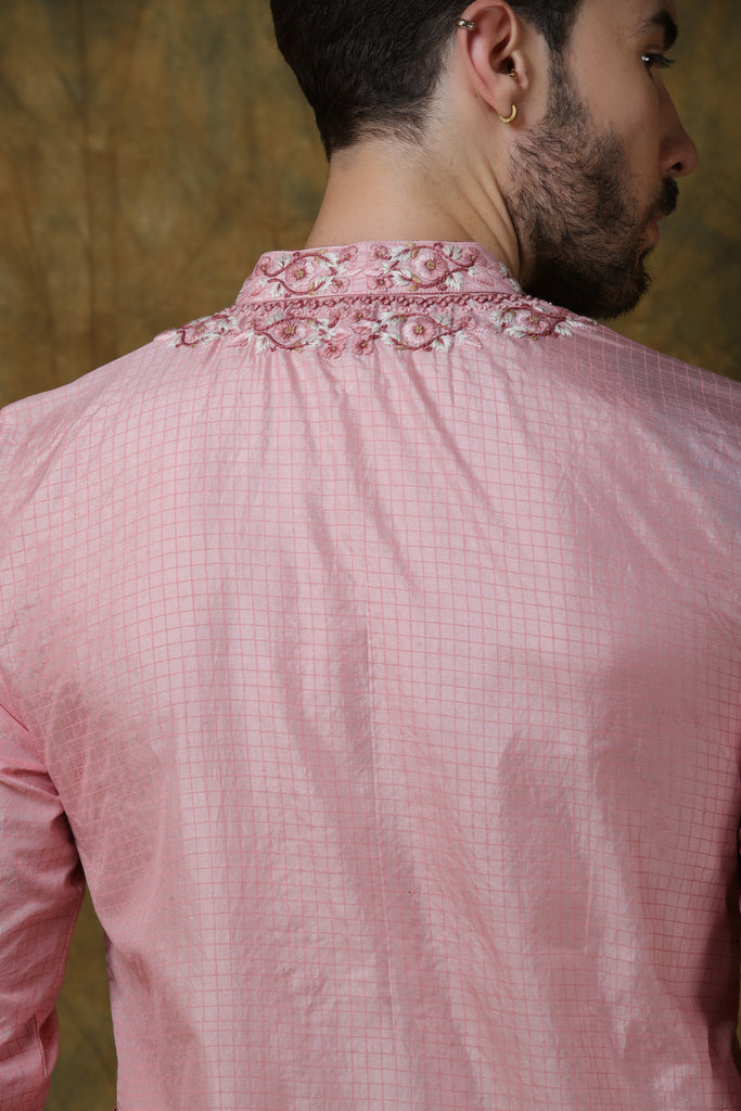 Pink silk men's check printed and embroidered kurta with pants