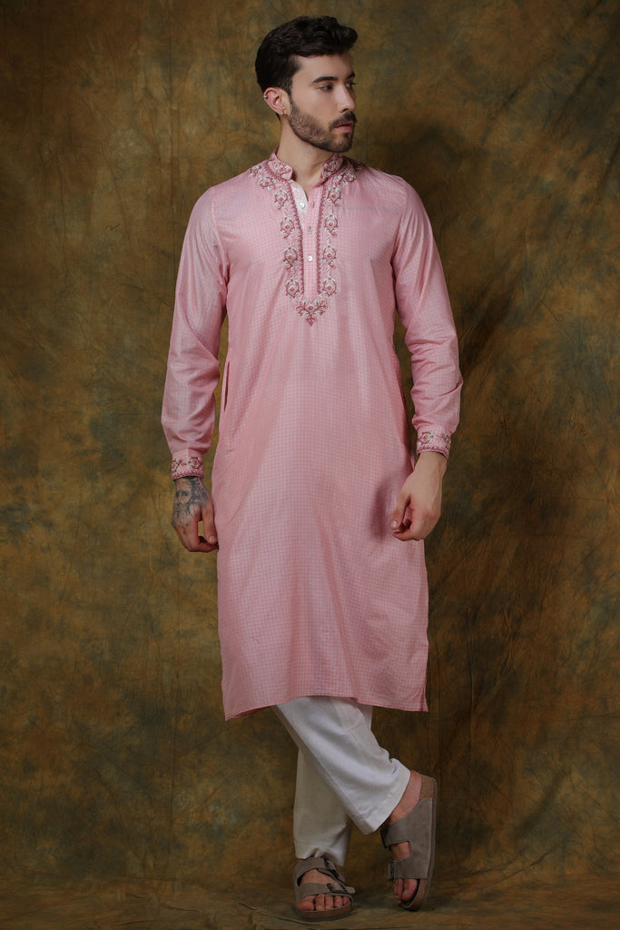 Pink silk men's check printed and embroidered kurta with pants