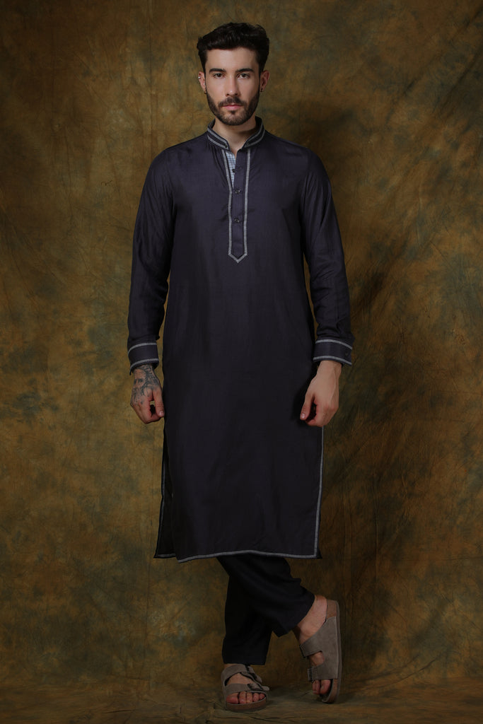 Charcoal silk men's kurta with stitch line embroidery and pants