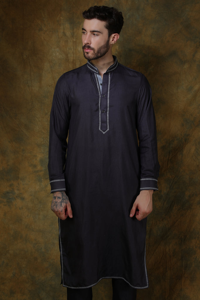 Charcoal silk men's kurta with stitch line embroidery and pants