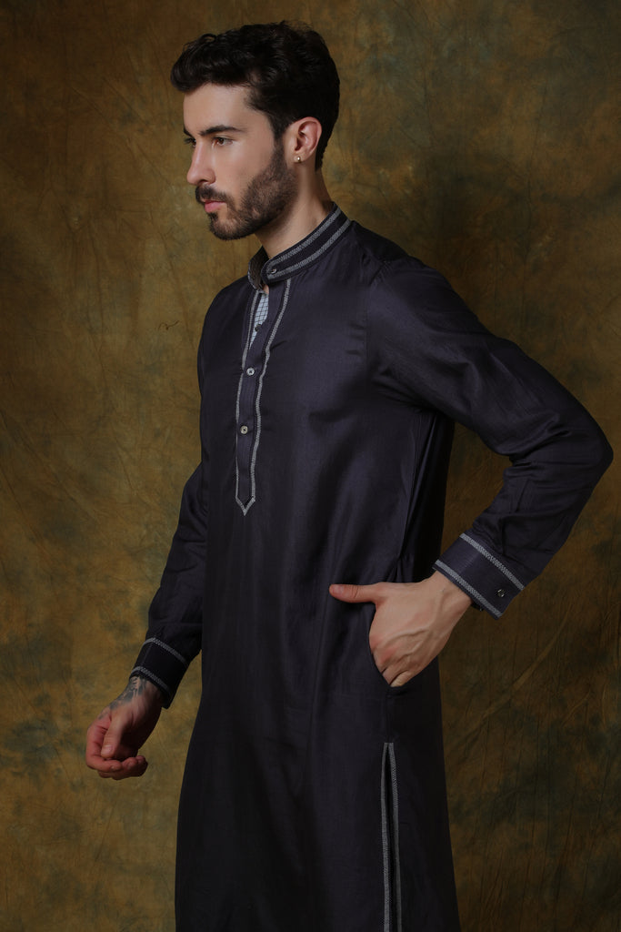 Charcoal silk men's kurta with stitch line embroidery and pants