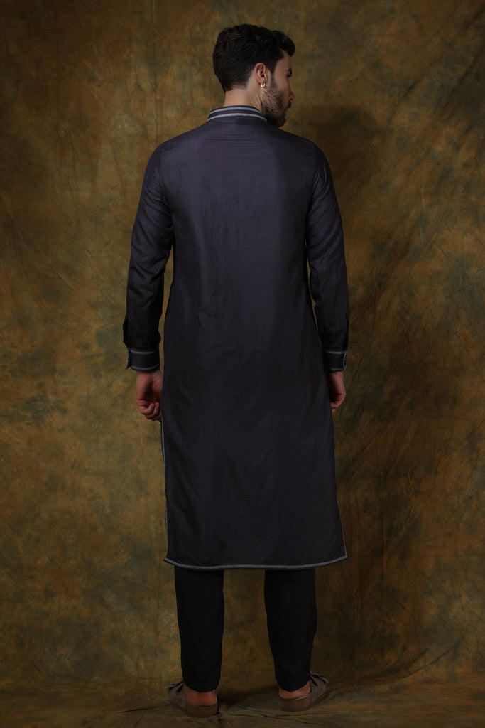 Charcoal silk men's kurta with stitch line embroidery and pants