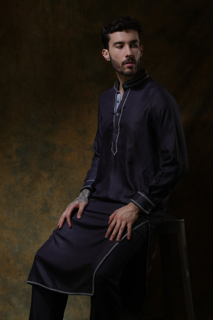 Charcoal silk men's kurta with stitch line embroidery and pants