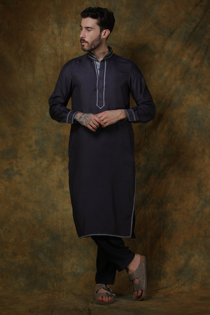 Charcoal silk men's kurta with stitch line embroidery and pants