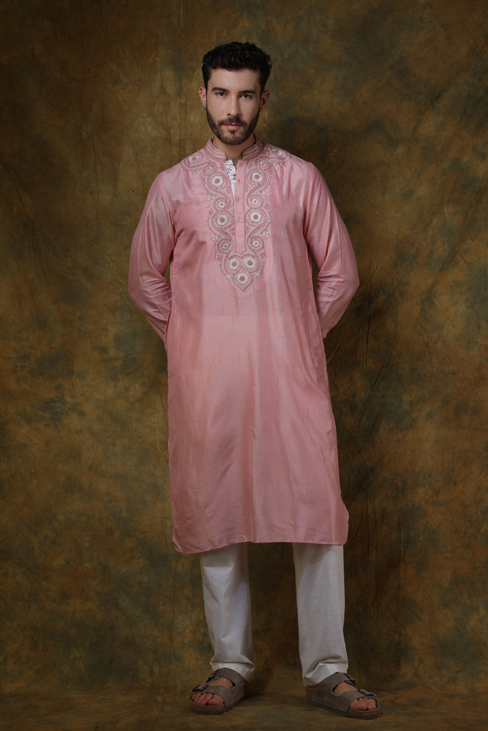 Pink silk men's kurta with embroidered with pants