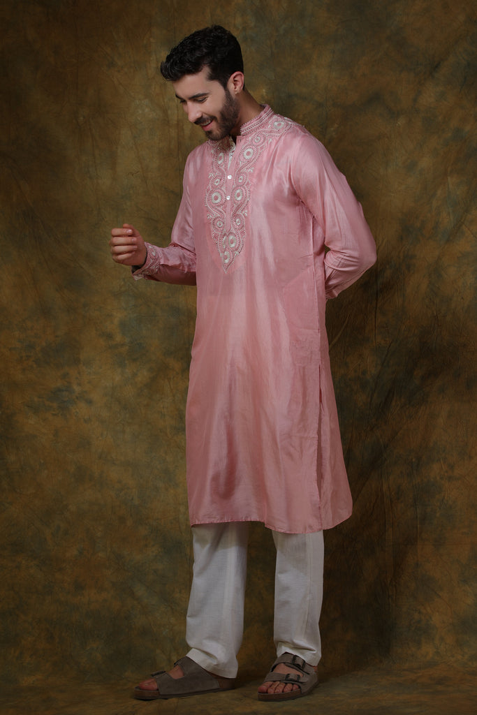 Pink silk men's kurta with embroidered with pants