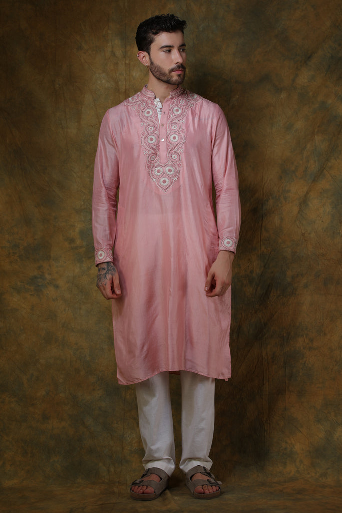 Pink silk men's kurta with embroidered with pants