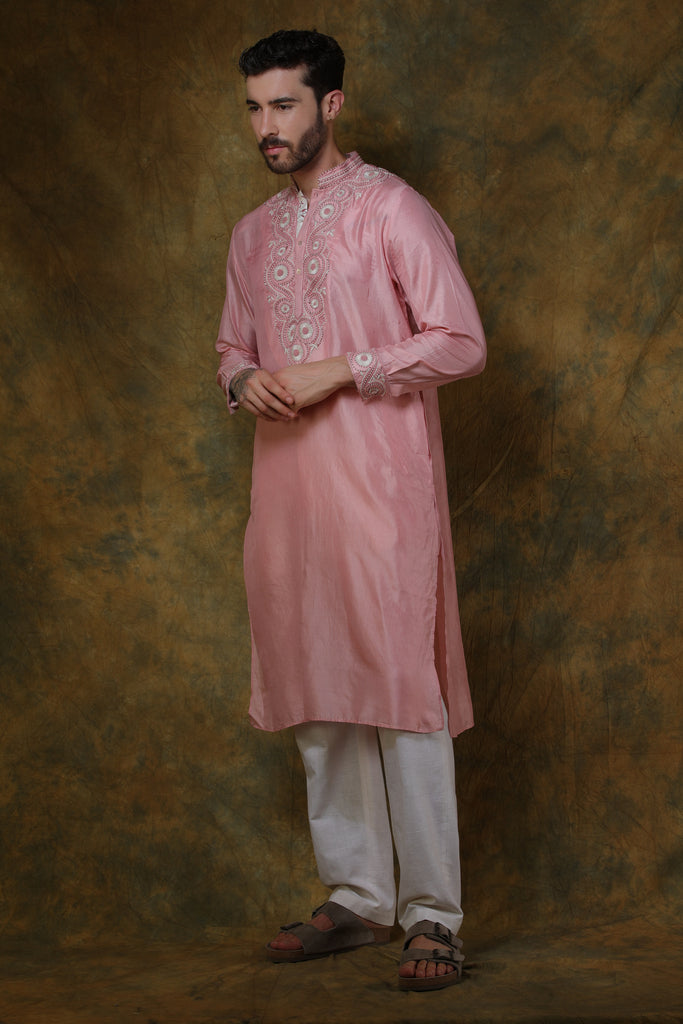 Pink silk men's kurta with embroidered with pants