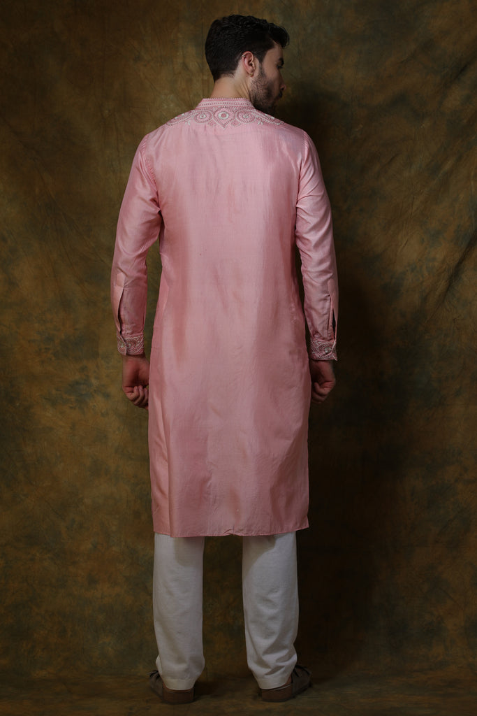 Pink silk men's kurta with embroidered with pants